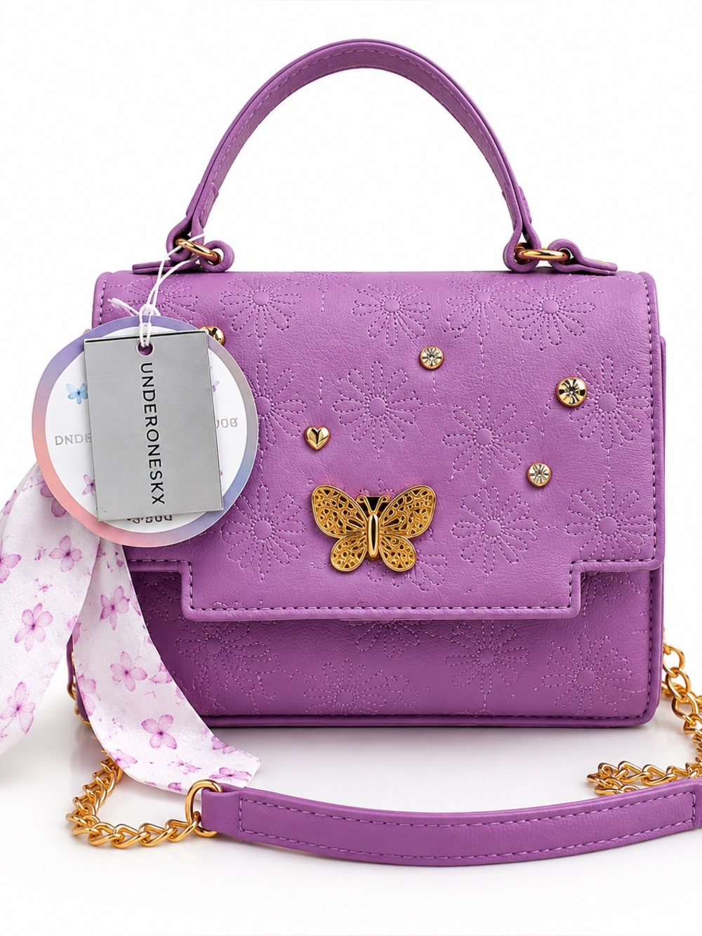 Under One Sky Lilac Butterfly Top-Handle Crossbody Bag with Gold Hardware